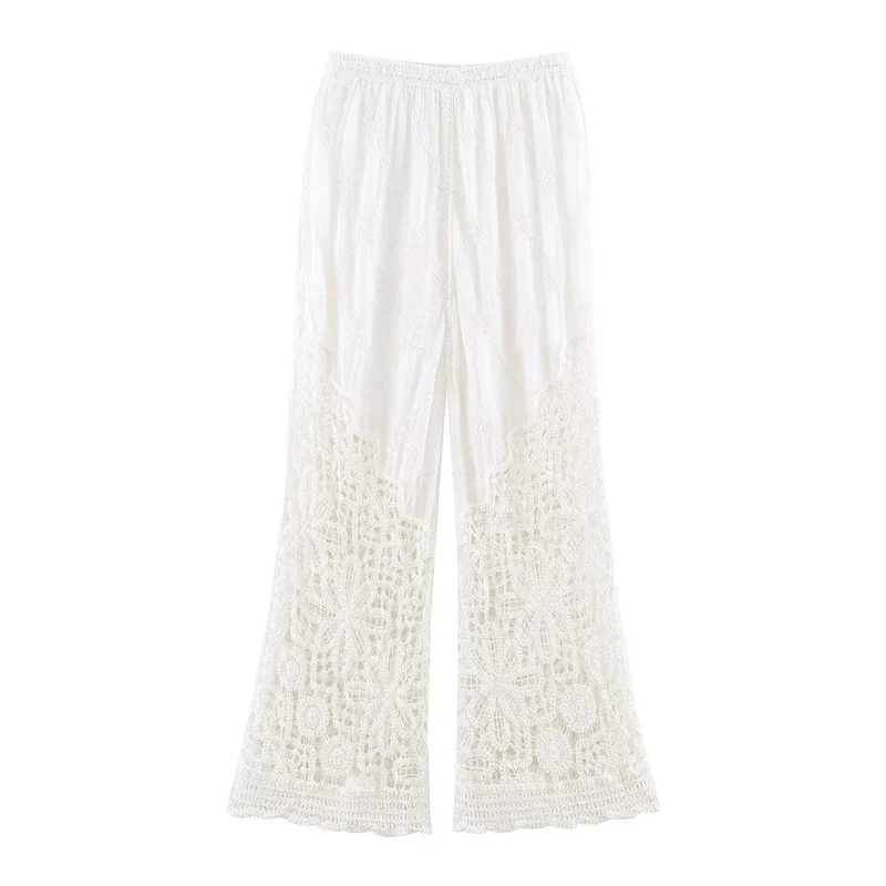 Damen Palazzo‑Hose mit gehäkeltem Spitzenbesatz und elastischem Bund Drune