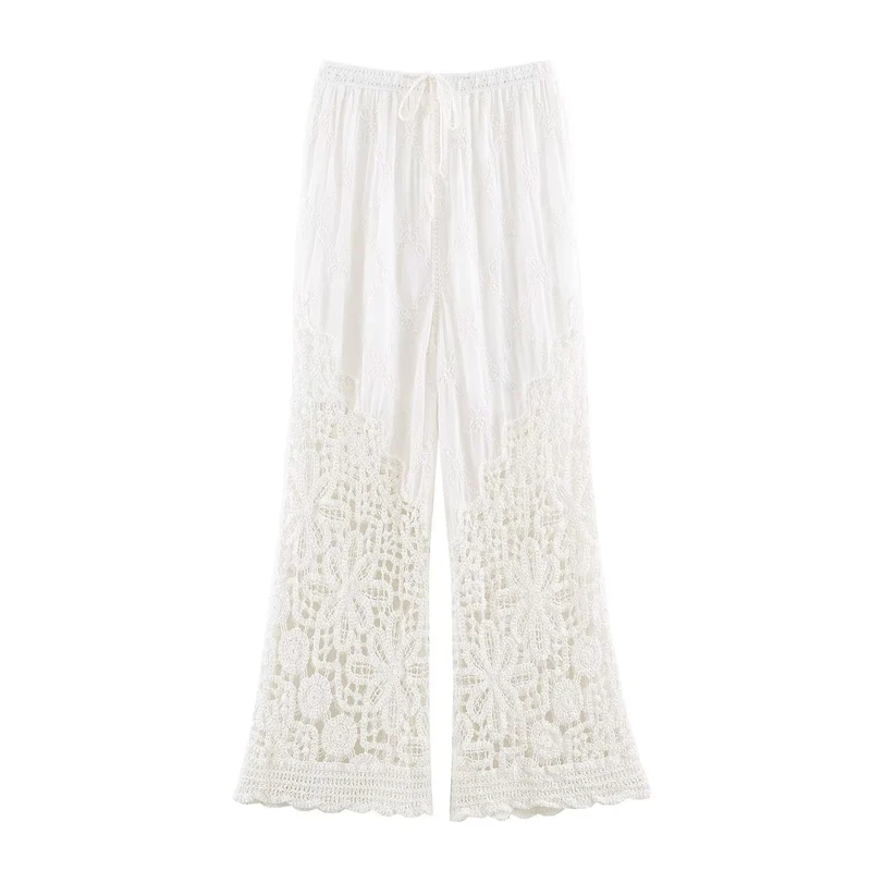 Damen Palazzo‑Hose mit gehäkeltem Spitzenbesatz und elastischem Bund Drune