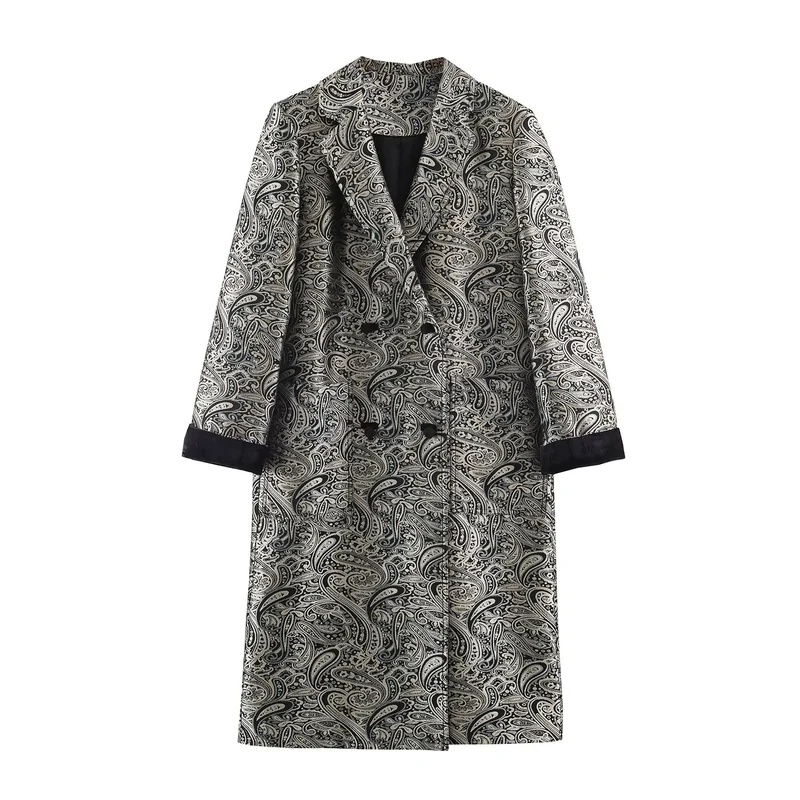 Damen Paisley-Mantel im Jacquard-Muster mit Doppelreiher Drune