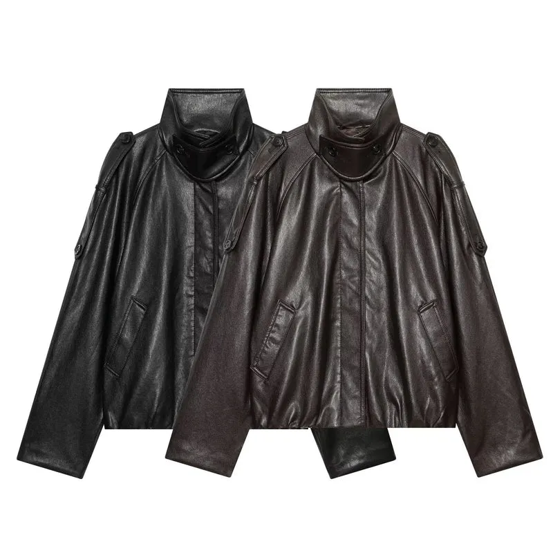 Damen Oversized Cropped Lederoptik‑Jacke mit hohem Stehkragen und Epauletten Drune