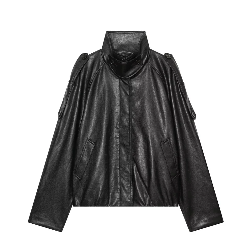 Damen Oversized Cropped Lederoptik‑Jacke mit hohem Stehkragen und Epauletten Drune