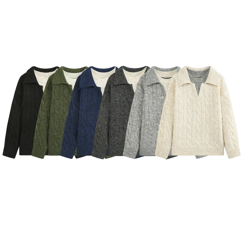 Damen Oversize Zopfstrickpullover mit weitem Umlegekragen und innerem Rippkragen Drune