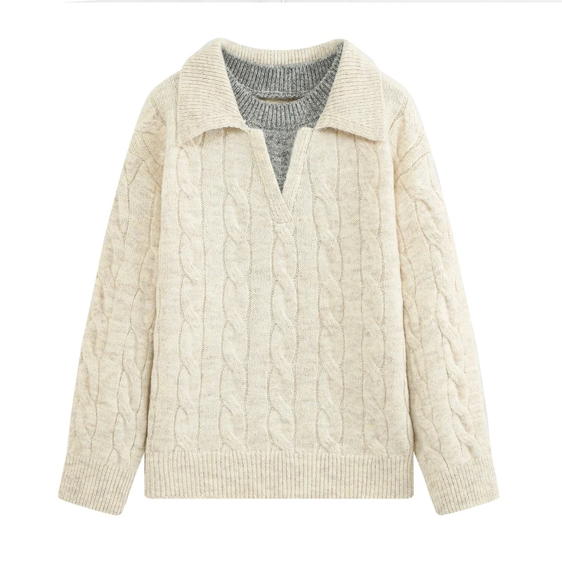 Damen Oversize Zopfstrickpullover mit weitem Umlegekragen und innerem Rippkragen Drune