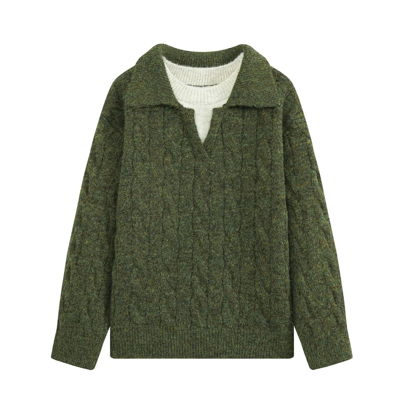 Damen Oversize Zopfstrickpullover mit weitem Umlegekragen und innerem Rippkragen Drune