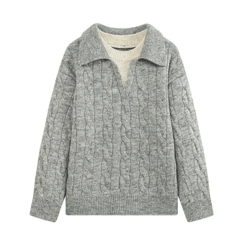 Damen Oversize Zopfstrickpullover mit weitem Umlegekragen und innerem Rippkragen Drune