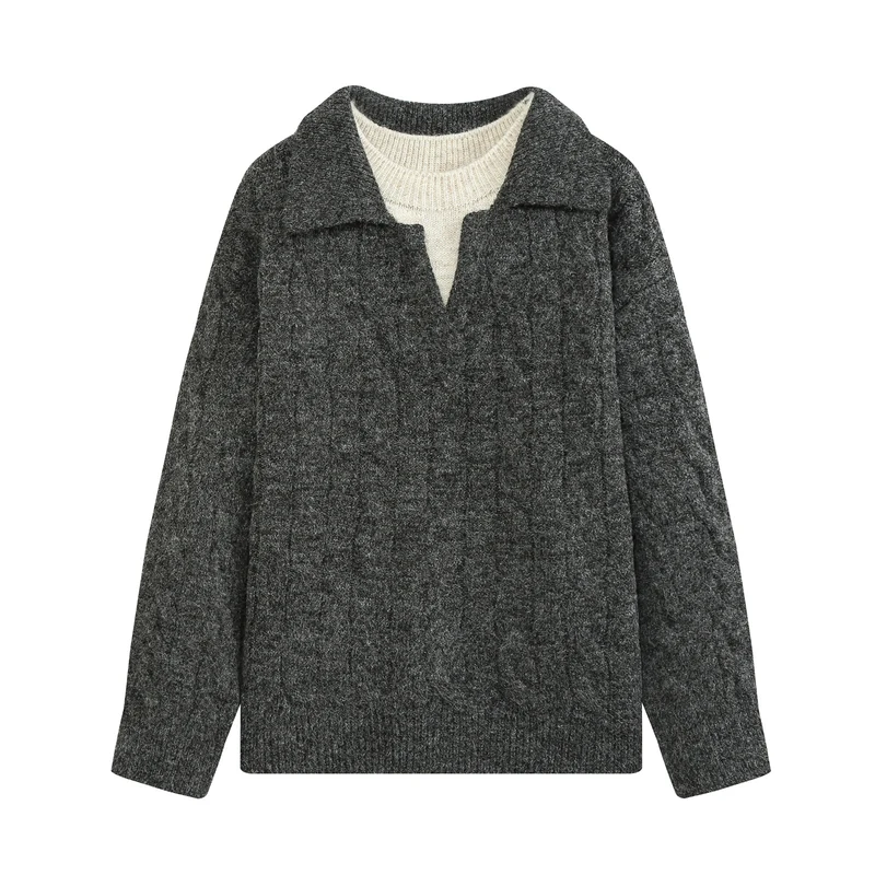 Damen Oversize Zopfstrickpullover mit weitem Umlegekragen und innerem Rippkragen Drune