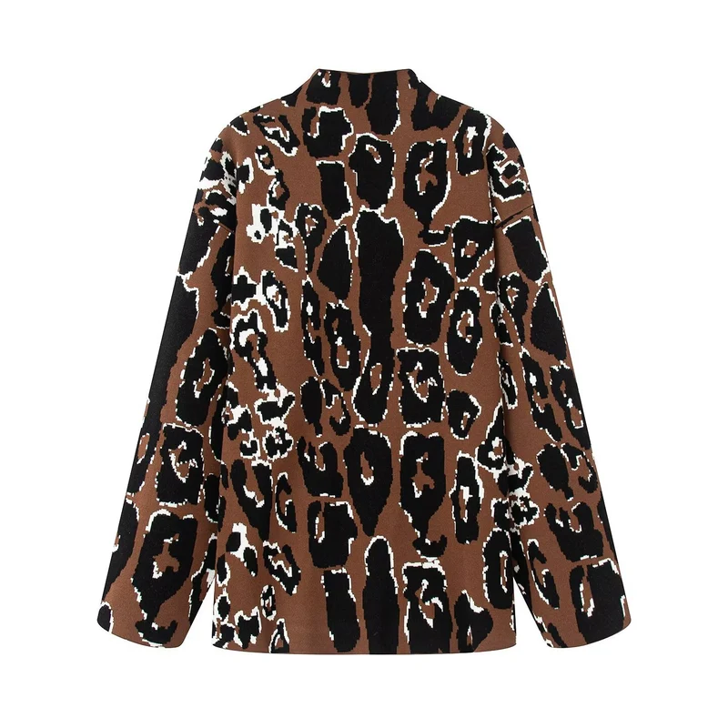 Damen Oversize Strickjacke mit Leoparden‑Jacquard, Stehkragen und kastiger Silhouette Drune
