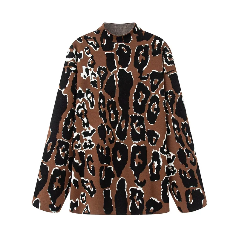 Damen Oversize Strickjacke mit Leoparden‑Jacquard, Stehkragen und kastiger Silhouette Drune