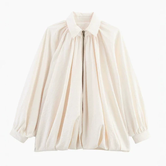 Damen Oversize Plissée-Hemdbluse mit Frontreißverschluss, Kellerfalten und Ballonärmeln Drune