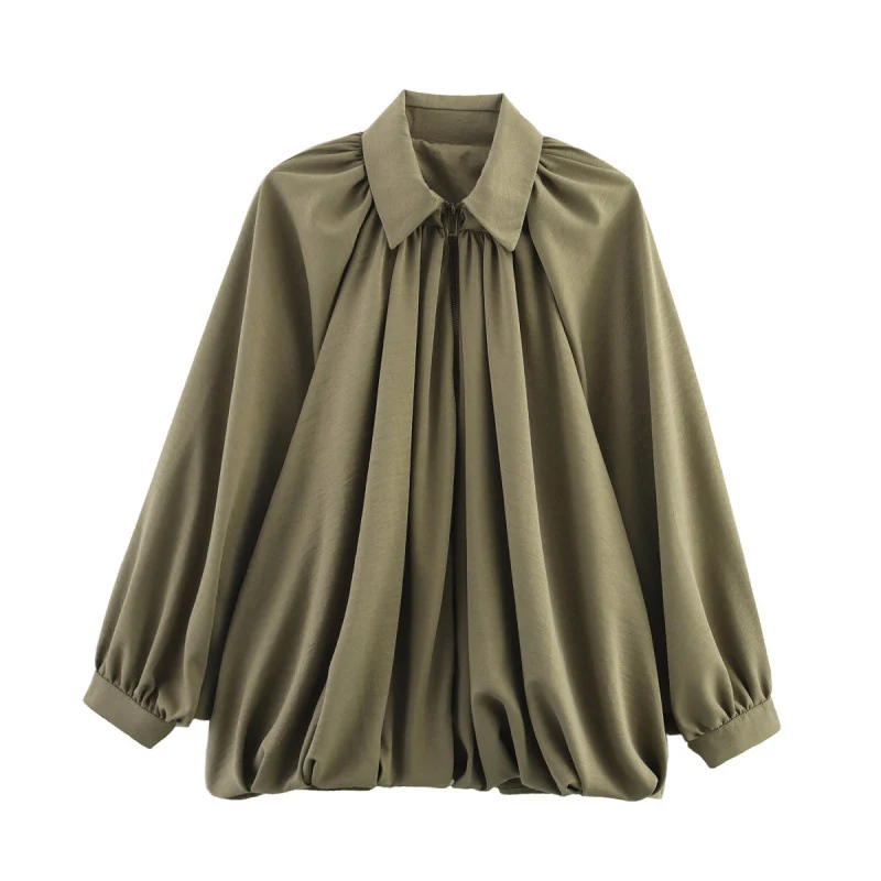 Damen Oversize Plissée-Hemdbluse mit Frontreißverschluss, Kellerfalten und Ballonärmeln Drune