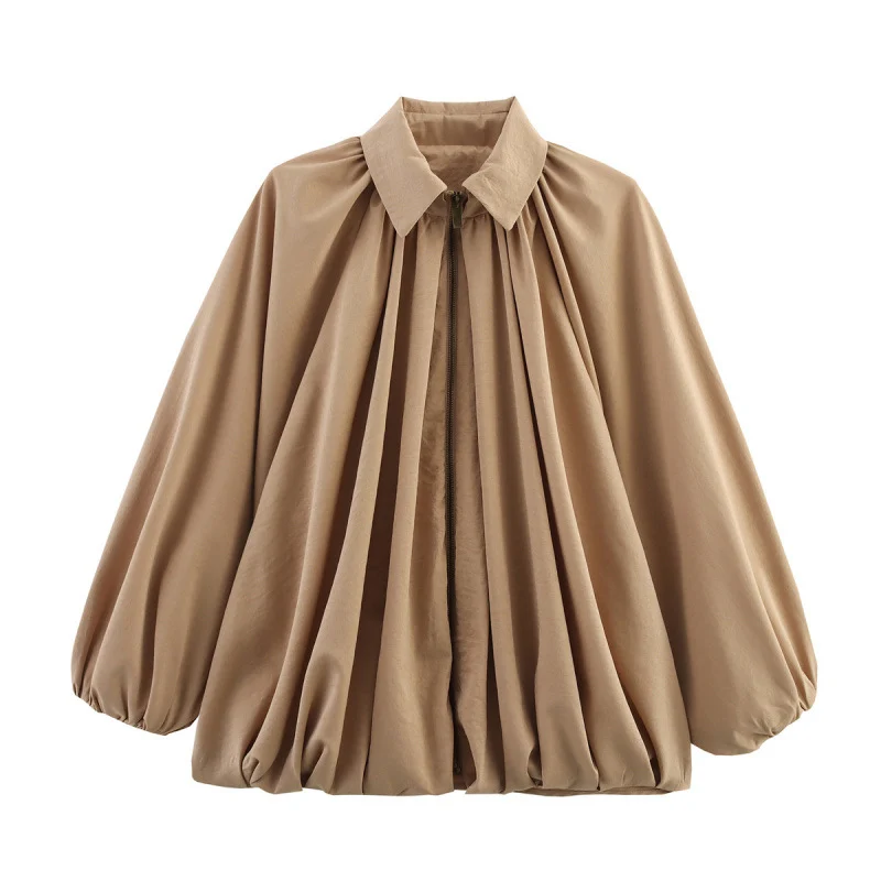 Damen Oversize Plissée-Hemdbluse mit Frontreißverschluss, Kellerfalten und Ballonärmeln Drune