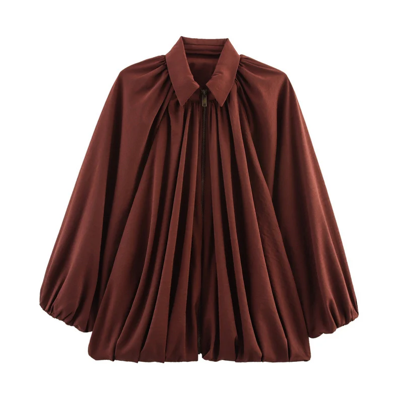Damen Oversize Plissée-Hemdbluse mit Frontreißverschluss, Kellerfalten und Ballonärmeln Drune