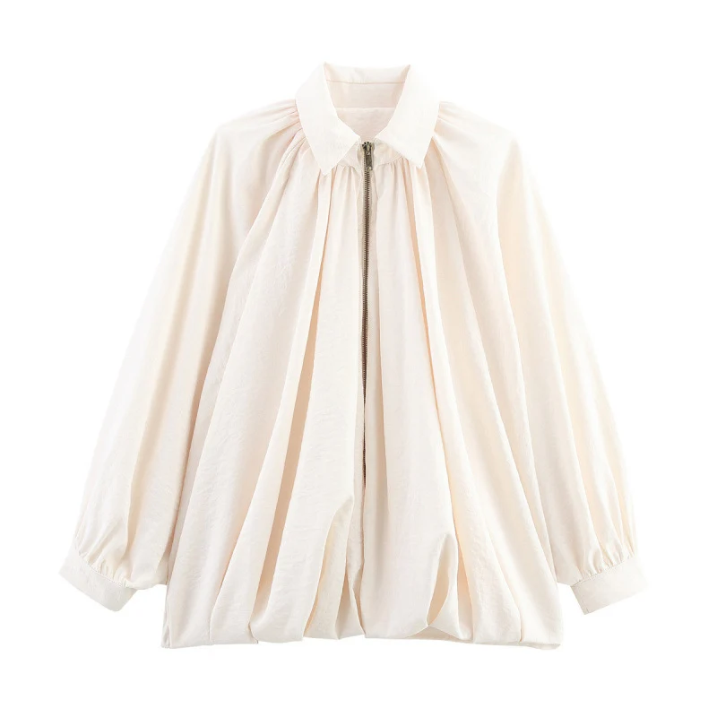 Damen Oversize Plissée-Hemdbluse mit Frontreißverschluss, Kellerfalten und Ballonärmeln Drune