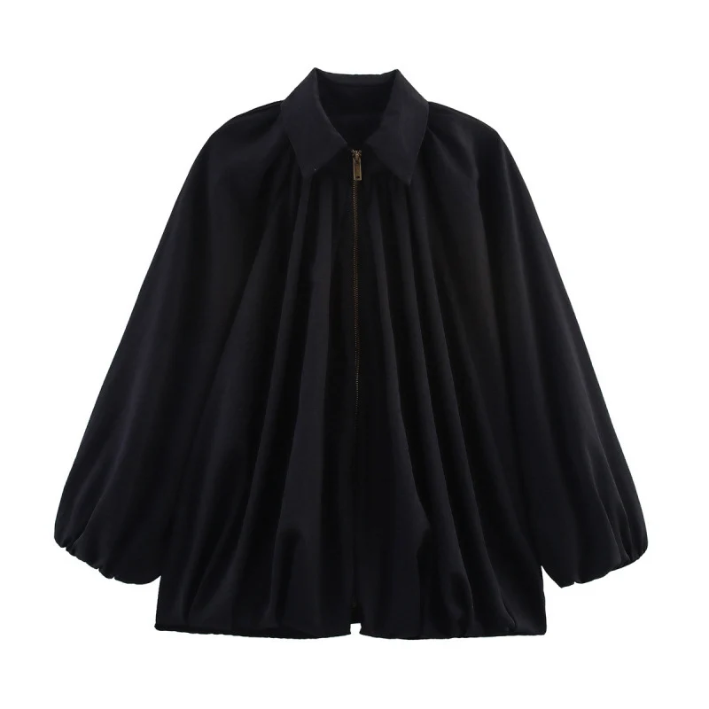 Damen Oversize Plissée-Hemdbluse mit Frontreißverschluss, Kellerfalten und Ballonärmeln Drune