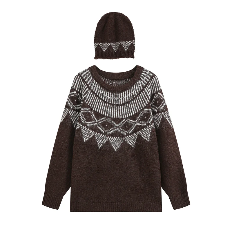 Damen Oversize Norweger‑Strickpullover mit Rundhalsausschnitt und passender Strickmütze Drune