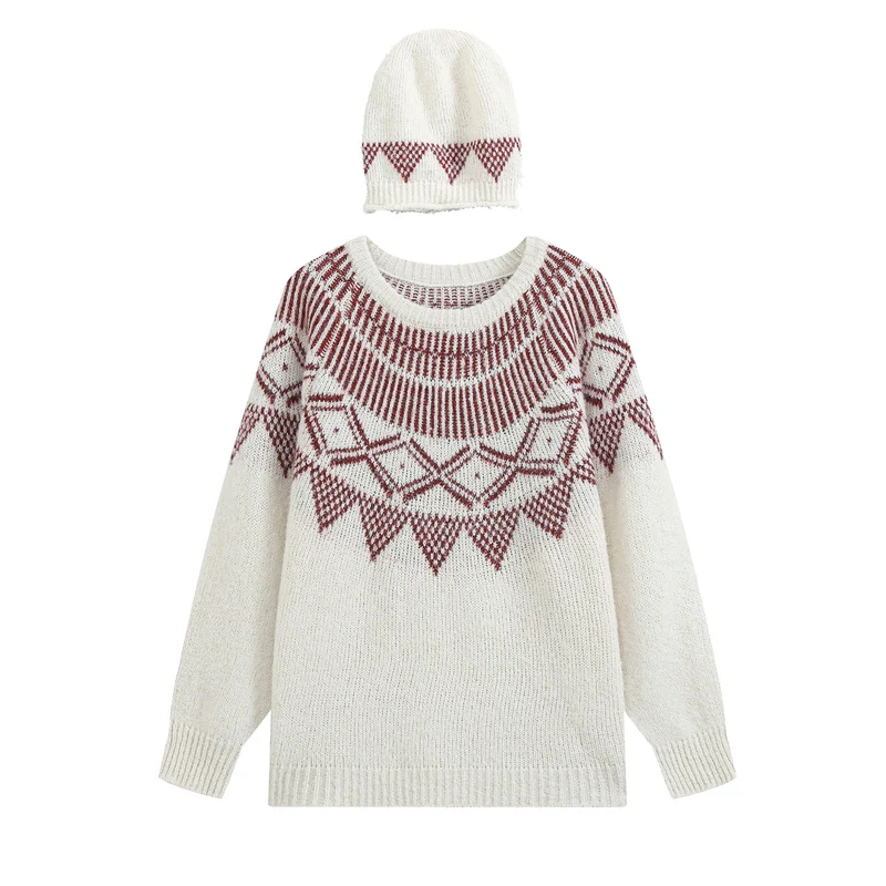 Damen Oversize Norweger‑Strickpullover mit Rundhalsausschnitt und passender Strickmütze Drune