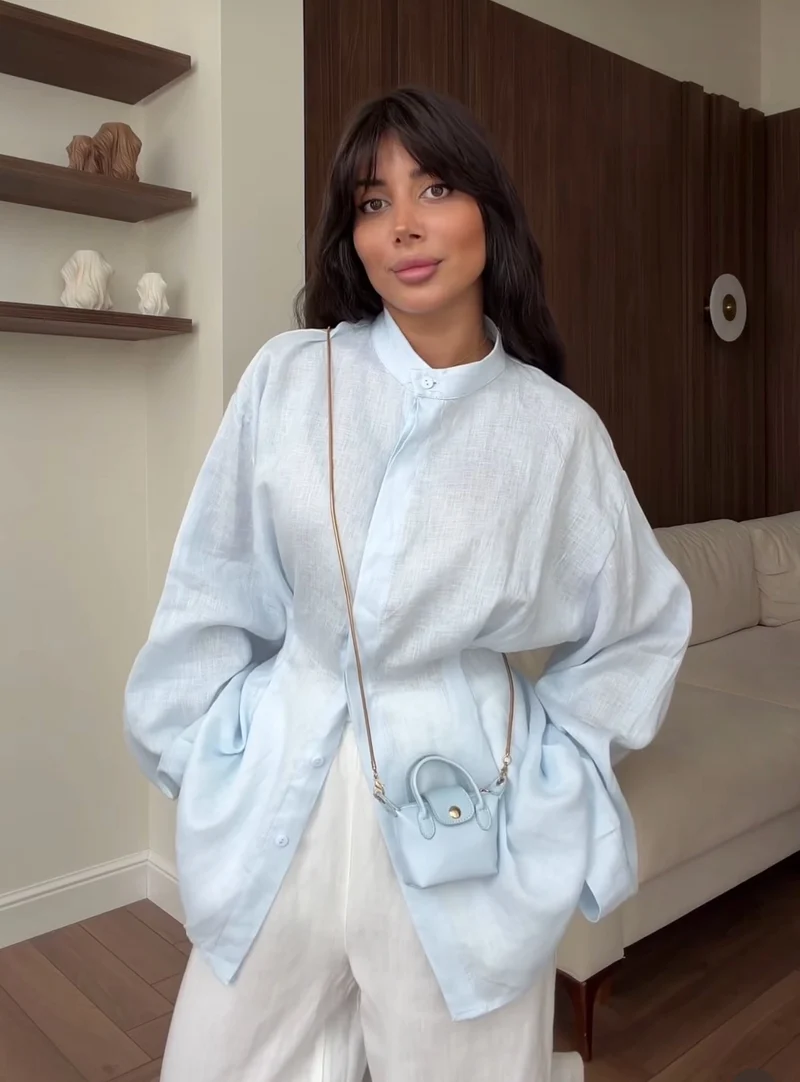 Damen Oversize-Leinenbluse mit Stehkragen und Ballonärmeln Drune