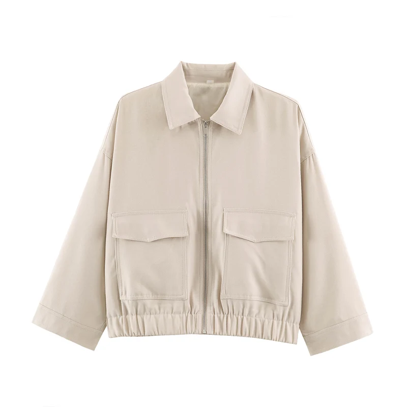 Damen Oversize Kurzjacke mit Metallreißverschluss, großen Pattentaschen und elastischem Saum Drune