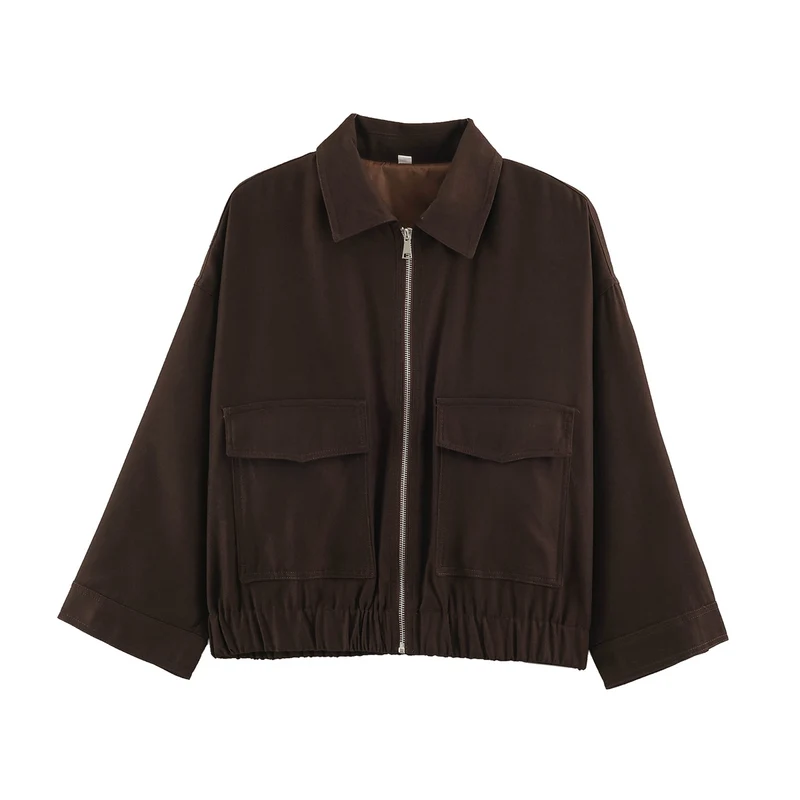 Damen Oversize Kurzjacke mit Metallreißverschluss, großen Pattentaschen und elastischem Saum Drune