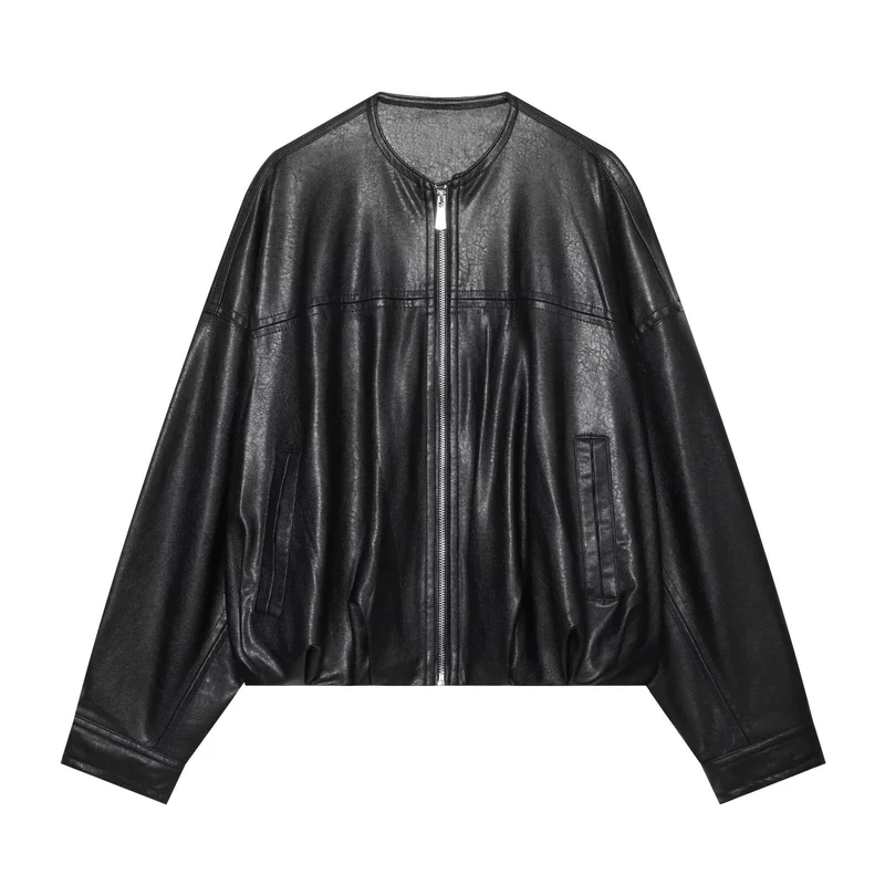 Damen Oversize-Kunstlederjacke im Bomberstil mit Rundhals, überschnittener Schulter und elastischem Saum Drune