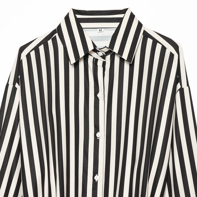 Damen Oversize-Hemdbluse mit vertikalen Streifen und kontrastierendem Taillenband Drune