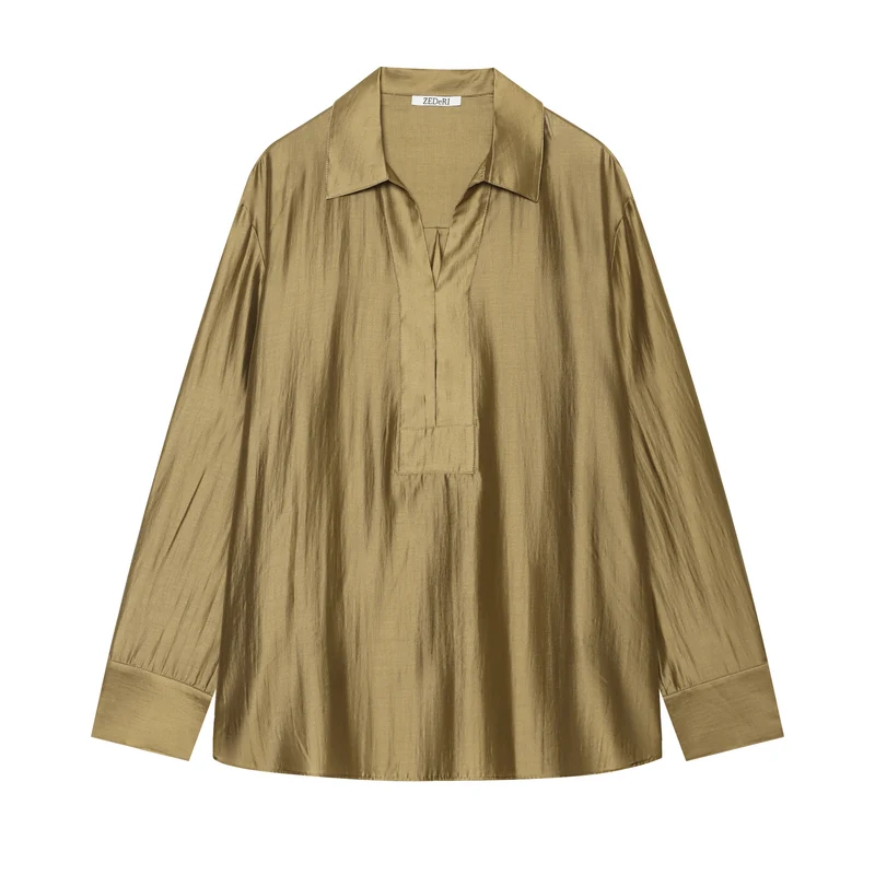 Damen Oversize‑Glanzbluse aus seidenartigem Stoff mit V‑Ausschnitt und verdeckter Knopfleiste Drune