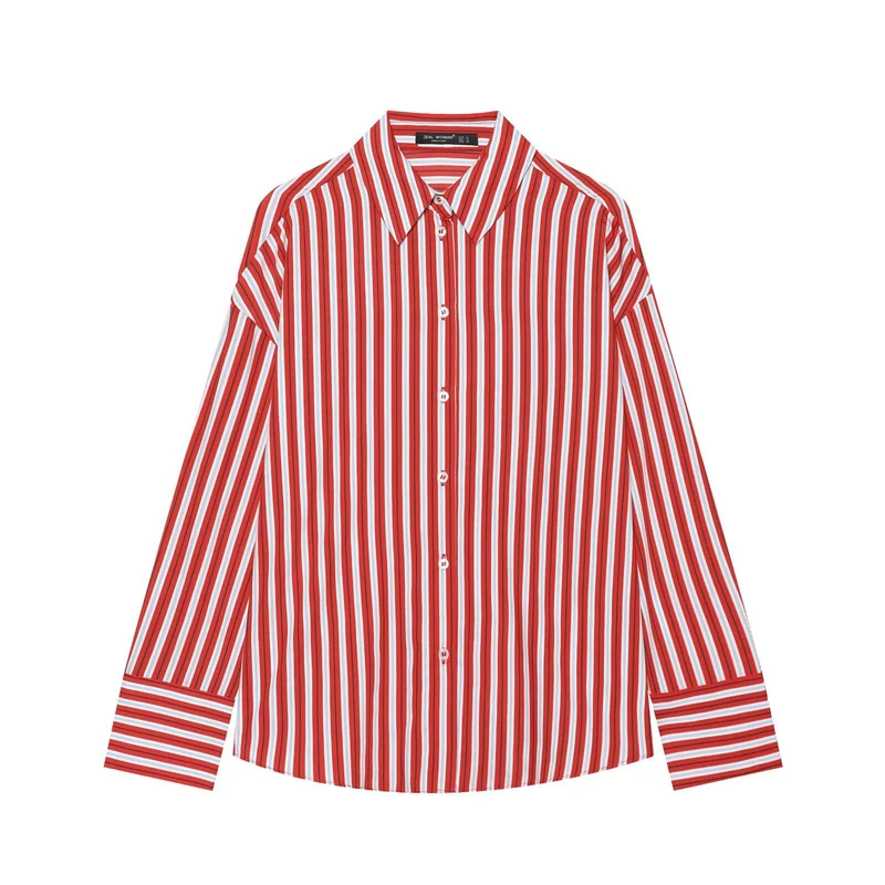 Damen Oversize-gestreifte Hemdbluse mit Kentkragen und durchgehender Knopfleiste Drune
