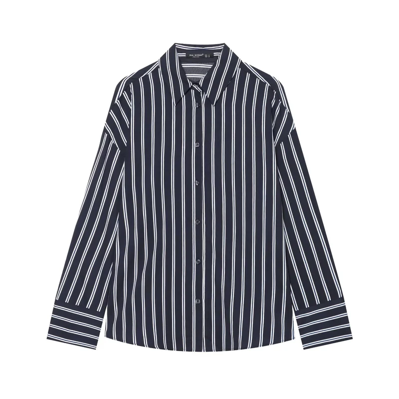 Damen Oversize-gestreifte Hemdbluse mit Kentkragen und durchgehender Knopfleiste Drune