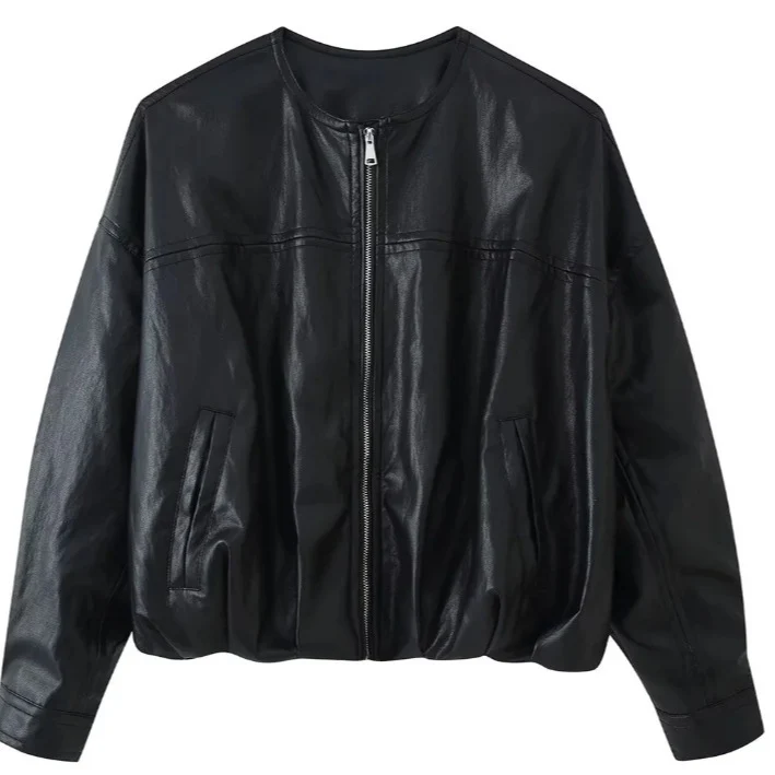 Damen Oversize Cropped Kunstleder‑Bomberjacke mit Rundhalsausschnitt und elastischem Saum Drune