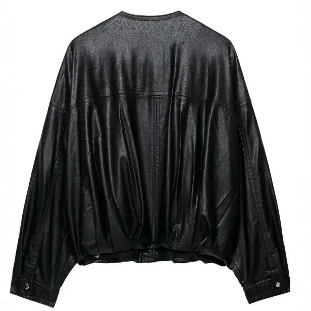 Damen Oversize Cropped Kunstleder‑Bomberjacke mit Rundhalsausschnitt und elastischem Saum Drune