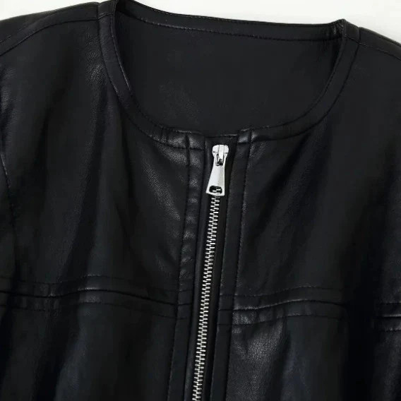 Damen Oversize Cropped Kunstleder‑Bomberjacke mit Rundhalsausschnitt und elastischem Saum Drune