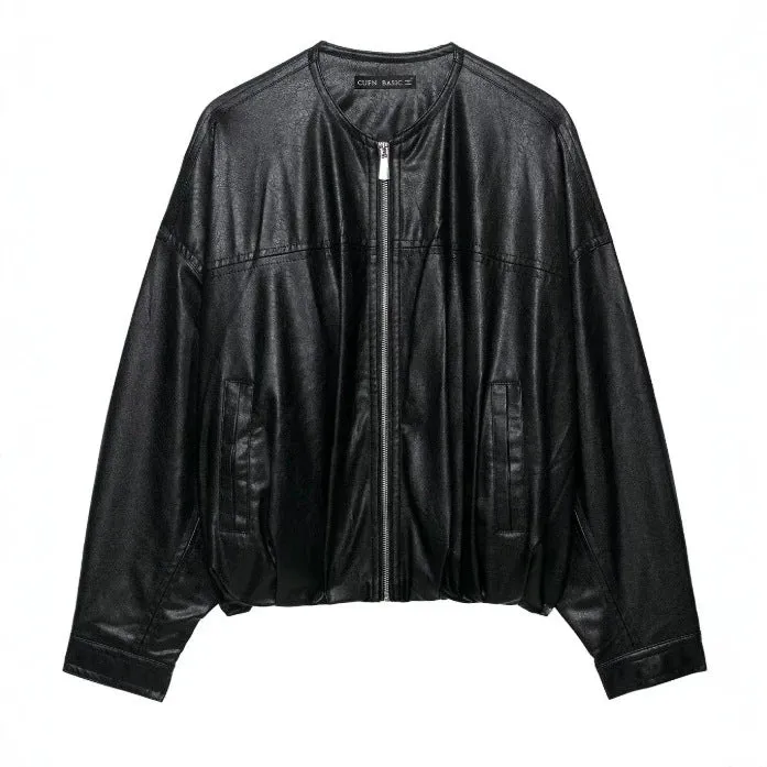 Damen Oversize Cropped Kunstleder‑Bomberjacke mit Rundhalsausschnitt und elastischem Saum Drune