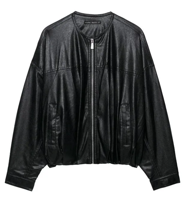 Damen Oversize Cropped Kunstleder‑Bomberjacke mit Rundhalsausschnitt und elastischem Saum Drune