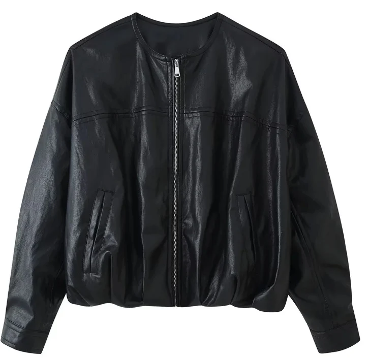 Damen Oversize Cropped Kunstleder‑Bomberjacke mit Rundhalsausschnitt und elastischem Saum Drune
