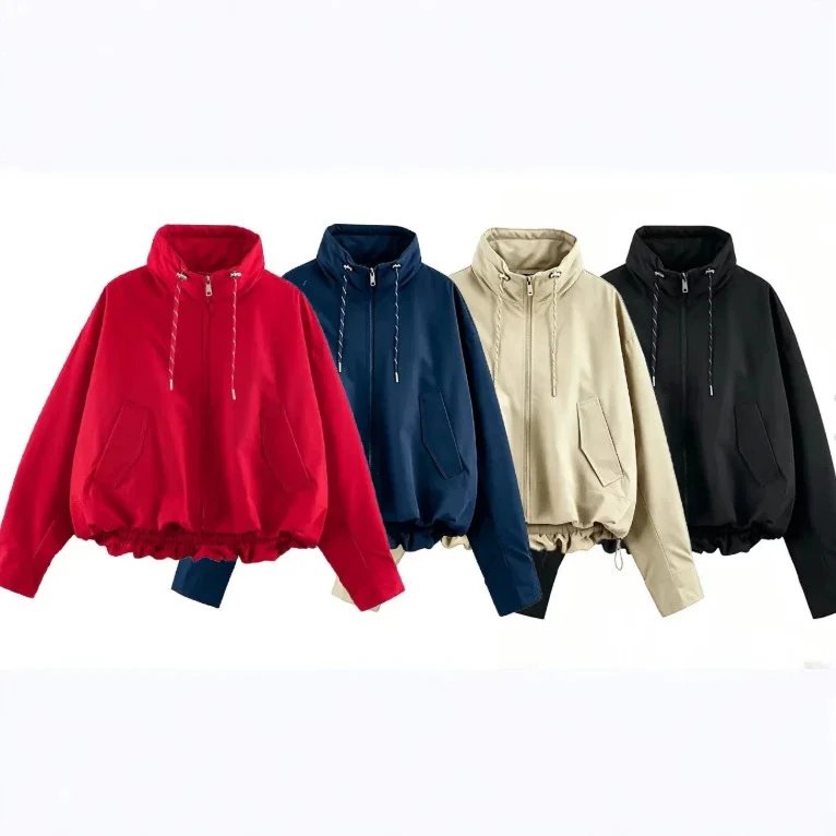 Damen Oversize Cropped Kapuzenjacke mit durchgehendem Reißverschluss, Kordelzug und gerafftem Saum Drune