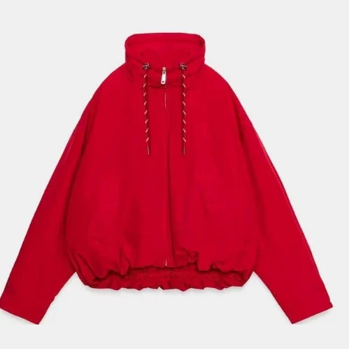 Damen Oversize Cropped Kapuzenjacke mit durchgehendem Reißverschluss, Kordelzug und gerafftem Saum Drune