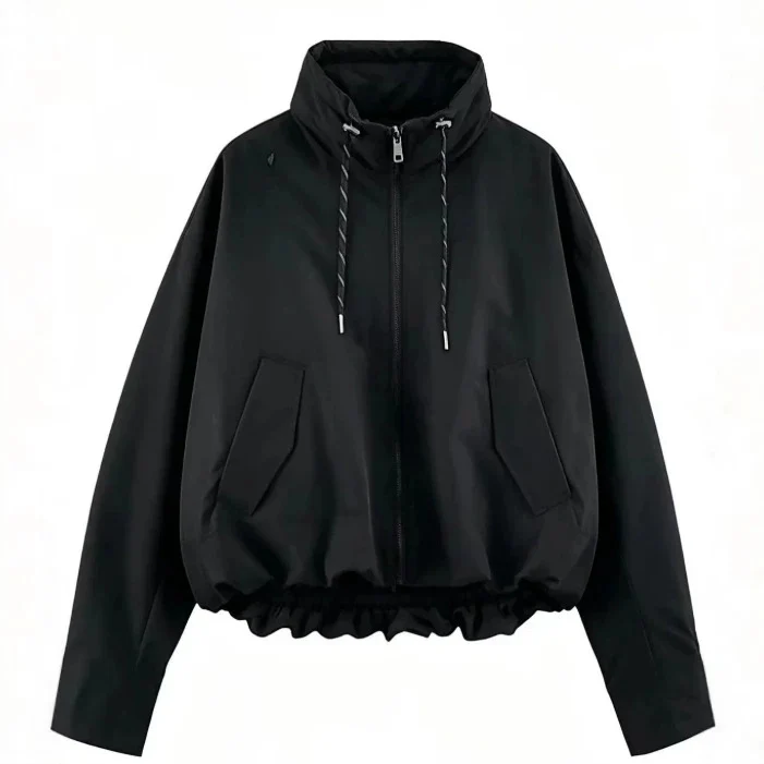 Damen Oversize Cropped Kapuzenjacke mit durchgehendem Reißverschluss, Kordelzug und gerafftem Saum Drune