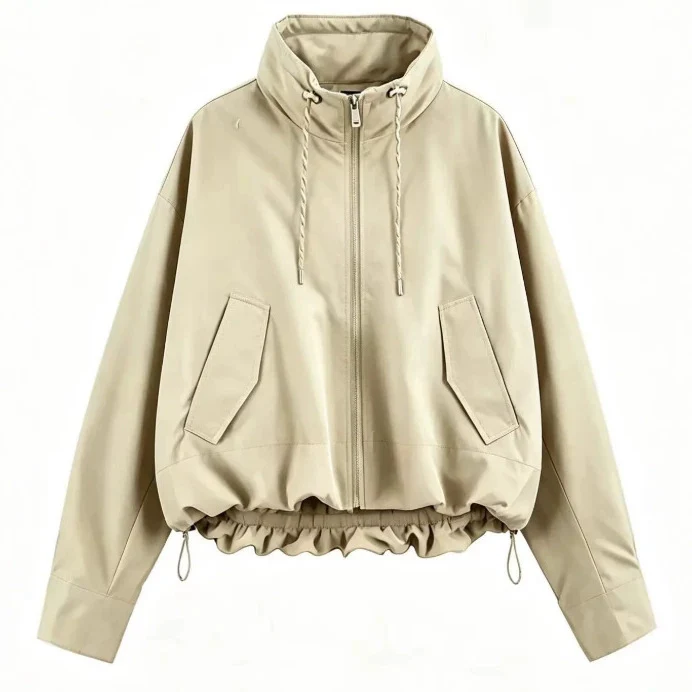 Damen Oversize Cropped Kapuzenjacke mit durchgehendem Reißverschluss, Kordelzug und gerafftem Saum Drune