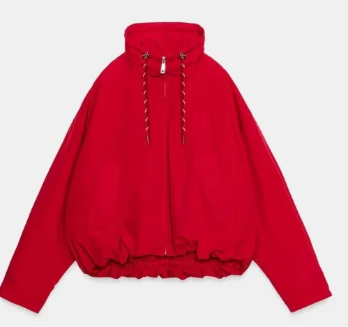 Damen Oversize Cropped Kapuzenjacke mit durchgehendem Reißverschluss, Kordelzug und gerafftem Saum Drune
