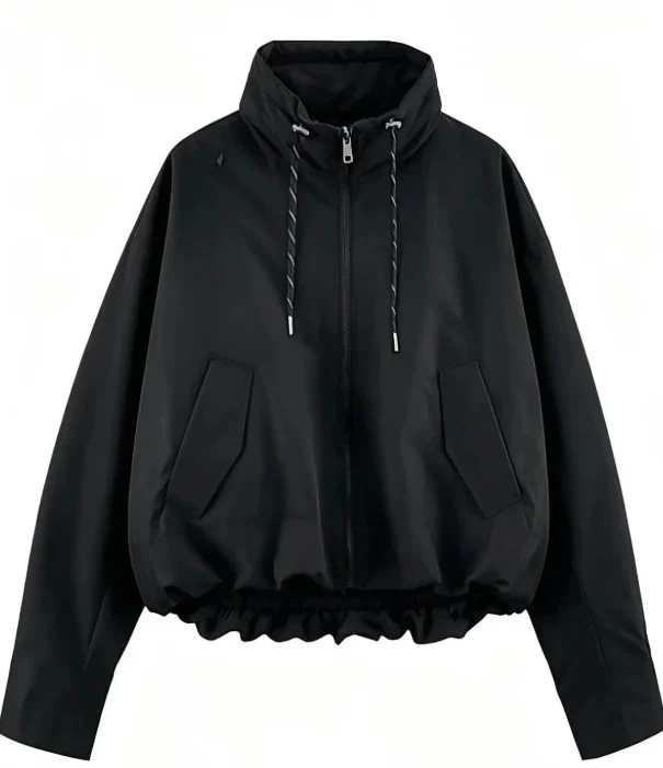 Damen Oversize Cropped Kapuzenjacke mit durchgehendem Reißverschluss, Kordelzug und gerafftem Saum Drune