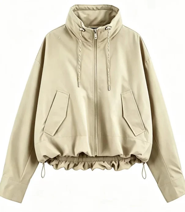 Damen Oversize Cropped Kapuzenjacke mit durchgehendem Reißverschluss, Kordelzug und gerafftem Saum Drune
