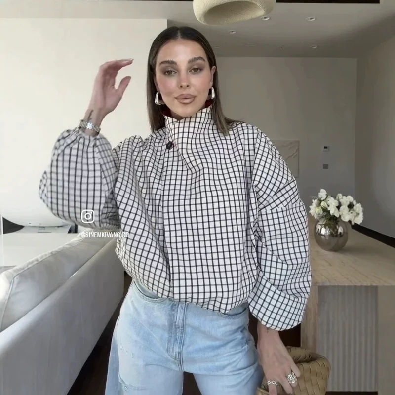 Damen Oversize-Bluse mit Stehkragen, karierter Optik und Ballonärmeln Drune