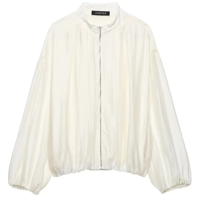 Damen Oversize‑Blousonjacke mit schimmernder Satin‑Optik, Stehkragen und Tunnelzugsaum Drune