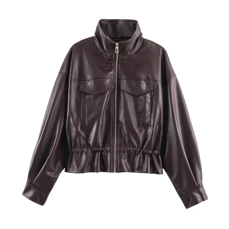 Damen Oversize Blousonjacke aus veganem Leder mit hohem Stehkragen und Kordelzugtaillierung Drune
