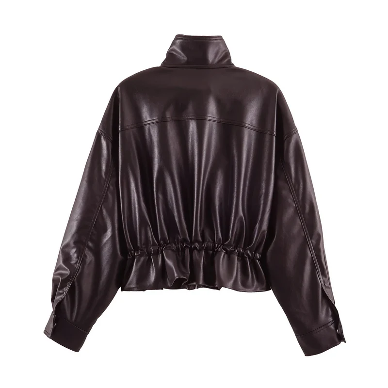 Damen Oversize Blousonjacke aus veganem Leder mit hohem Stehkragen und Kordelzugtaillierung Drune
