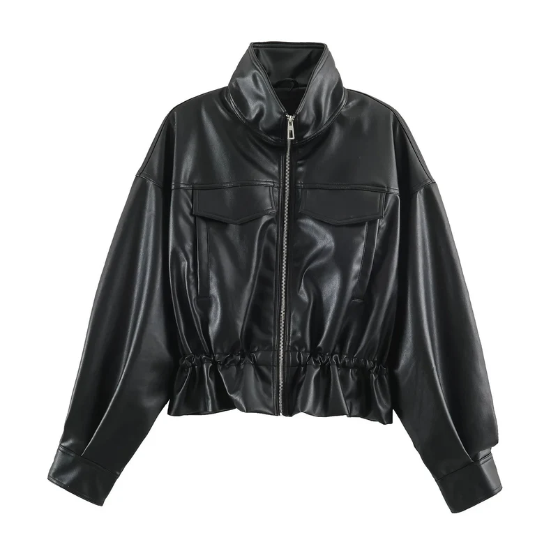 Damen Oversize Blousonjacke aus veganem Leder mit hohem Stehkragen und Kordelzugtaillierung Drune
