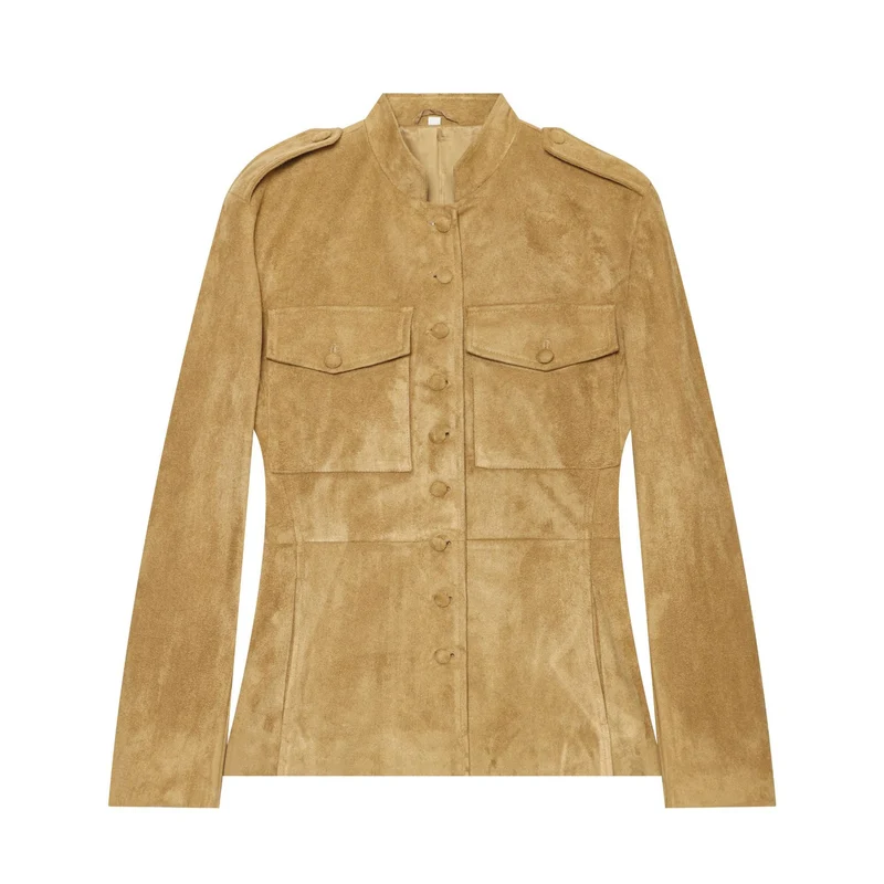 Damen Military-inspirierte Jacke aus Veloursoptik mit Stehkragen und Pattentaschen Drune