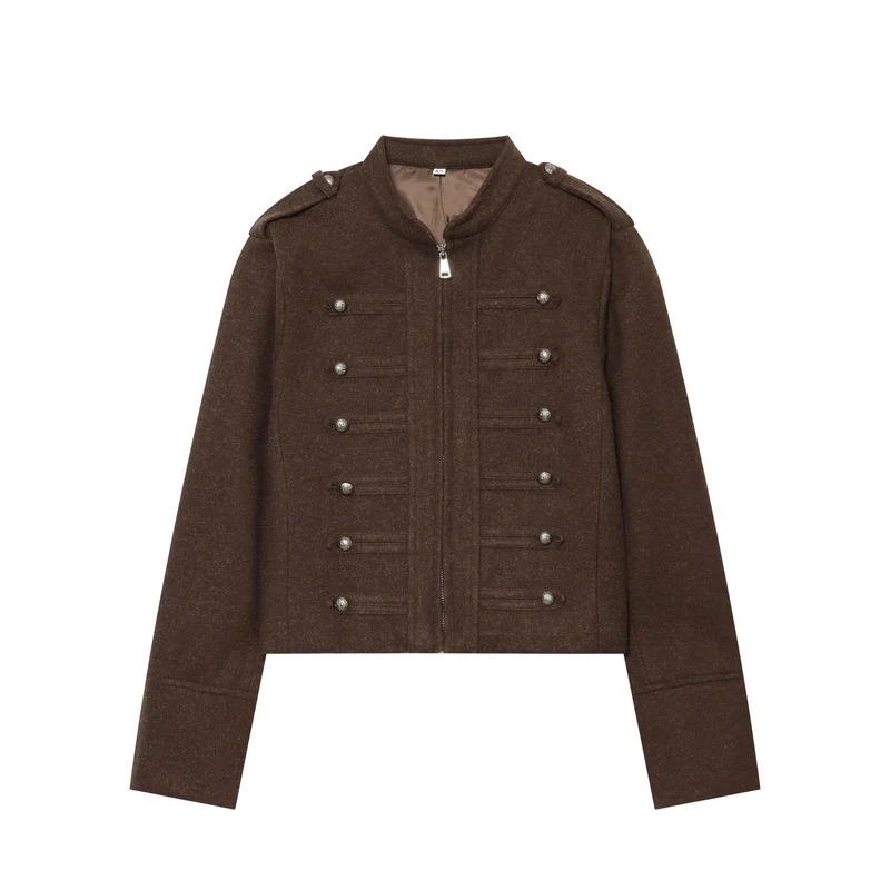 Damen Militärinspirierte Wolljacke mit Stehkragen, dekorativen Zierknopfreihen und Reißverschluss Drune