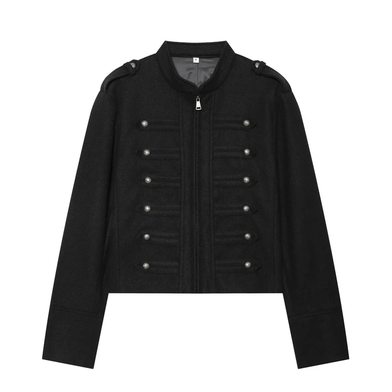 Damen Militärinspirierte Wolljacke mit Stehkragen, dekorativen Zierknopfreihen und Reißverschluss Drune