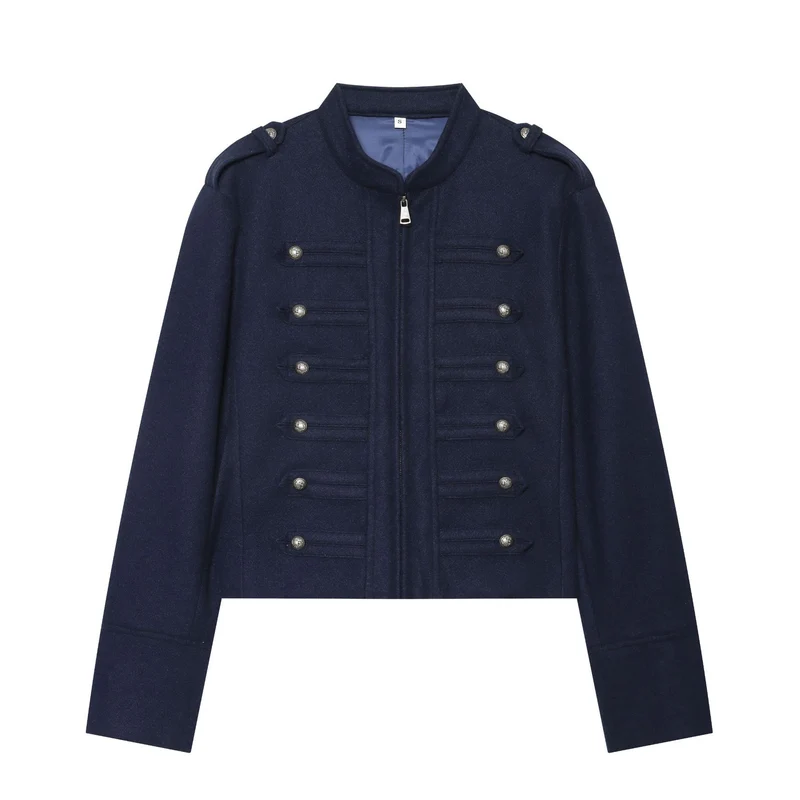 Damen Militärinspirierte Wolljacke mit Stehkragen, dekorativen Zierknopfreihen und Reißverschluss Drune